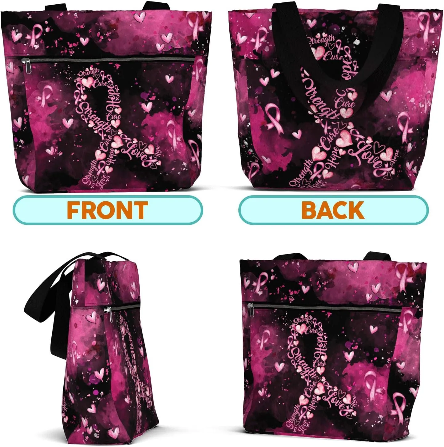 84hoods Waterproof Tote Bag with Pockets and Zipper for Work. Breast Cancer Awareness Gift for Survivors Fighters for Women.
