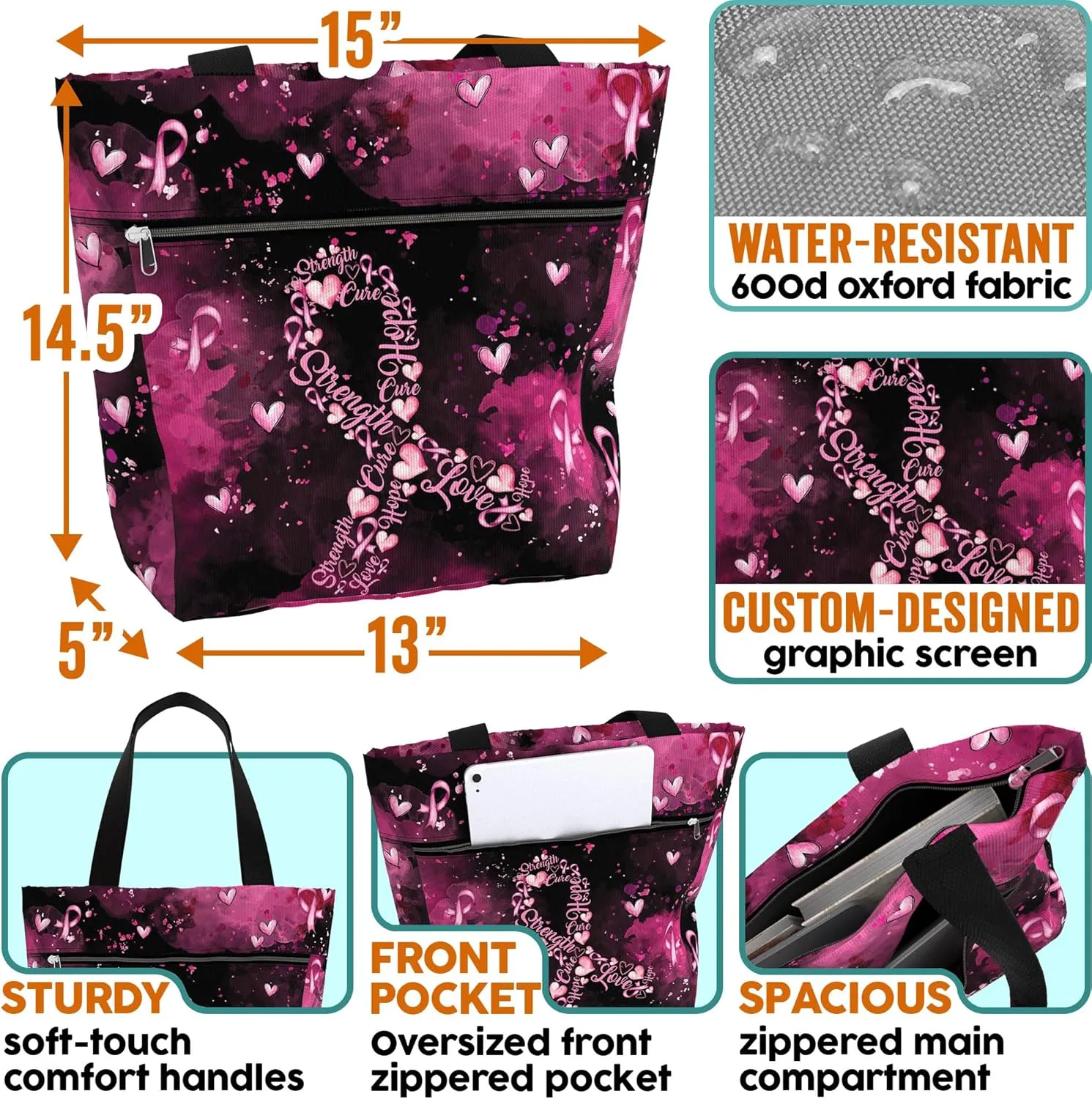 84hoods Waterproof Tote Bag with Pockets and Zipper for Work. Breast Cancer Awareness Gift for Survivors Fighters for Women.