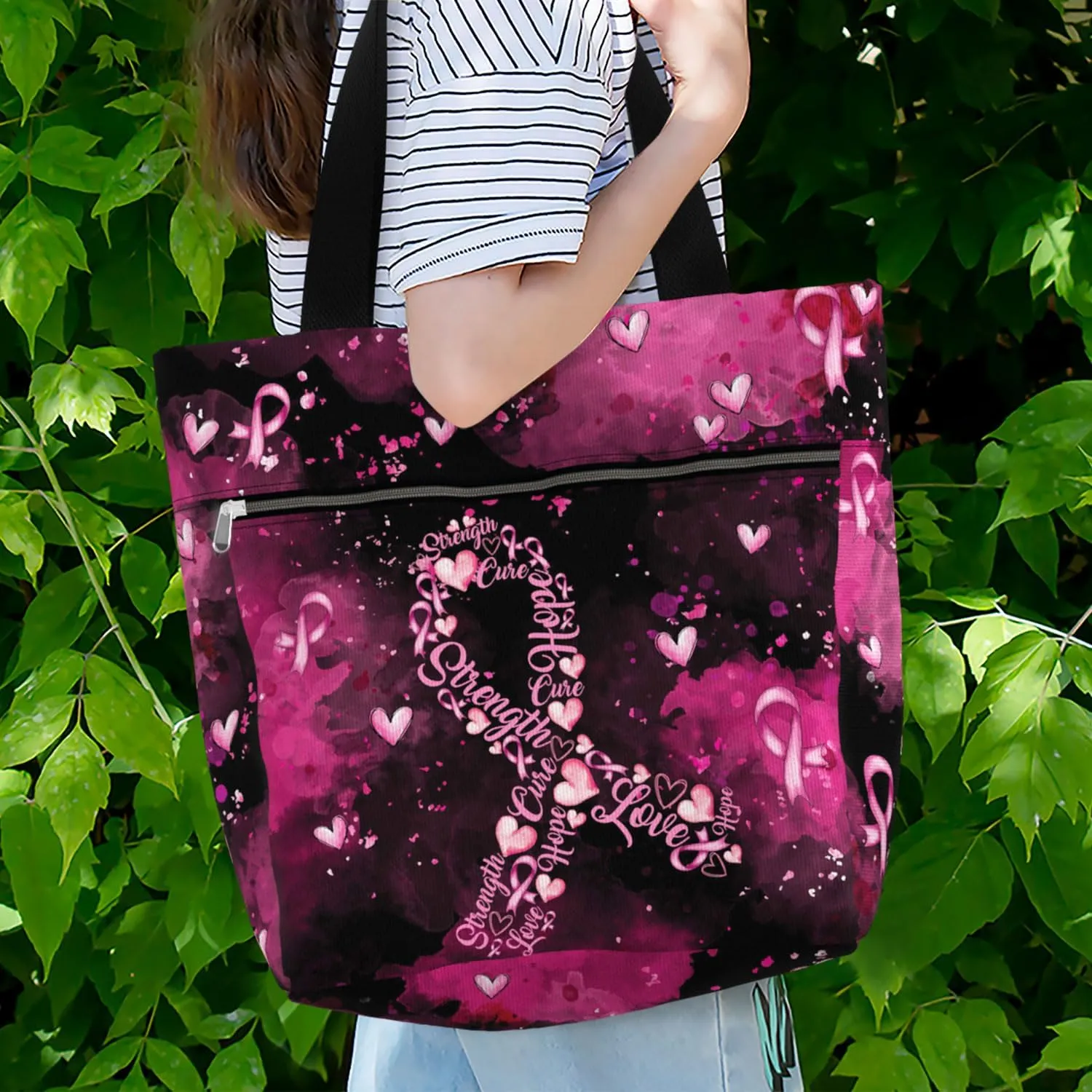 84hoods Waterproof Tote Bag with Pockets and Zipper for Work. Breast Cancer Awareness Gift for Survivors Fighters for Women.