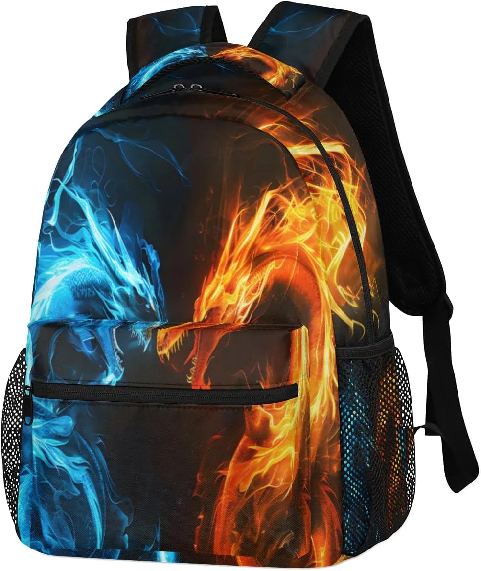 Abstract Dragon Backpacks for Boys Girls Kids Fire Water Dragon Lightweight 16 Inch School Backpack Laptop College Bookbag Travel Casual Daypack Hiking Camping Computer Rucksack Medium