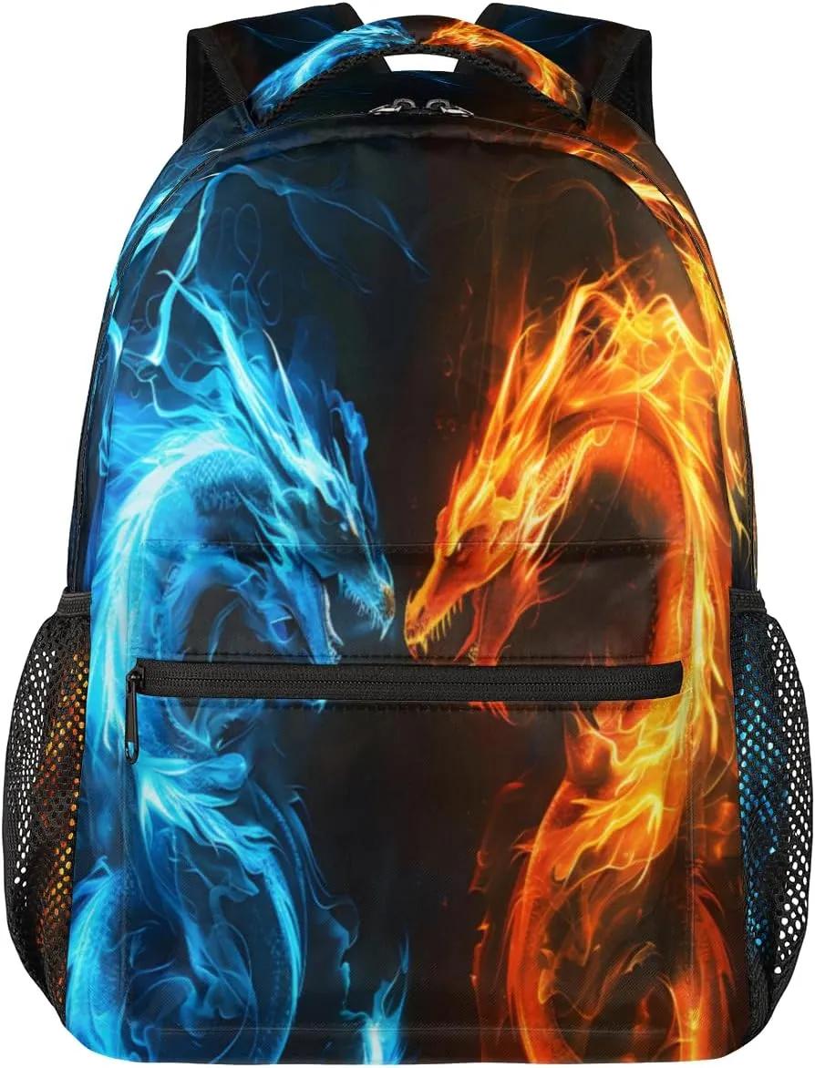 Abstract Dragon Backpacks for Boys Girls Kids Fire Water Dragon Lightweight 16 Inch School Backpack Laptop College Bookbag Travel Casual Daypack Hiking Camping Computer Rucksack Medium