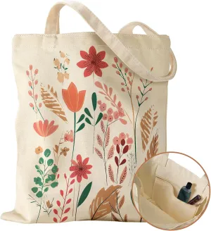 Aesthetic Canvas Tote Bag with Inner Pocket for Women, Cloth Cotton Totes Bag with Pattern for Shopping, Gym