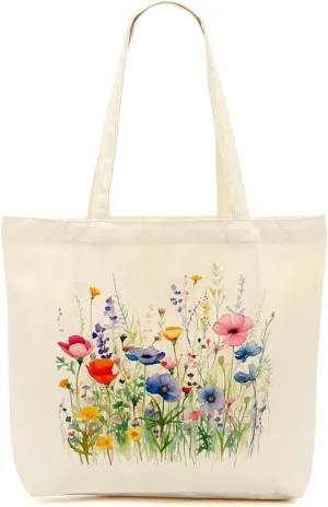 Aesthetic Floral Canvas Tote Bag for Women with Pocket, Tote Bags for Grocery Shopping Work Gym Christmas Birthday