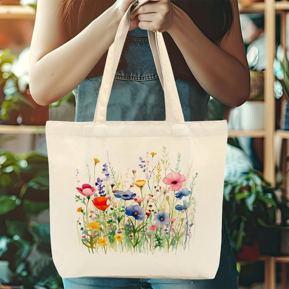 Aesthetic Floral Canvas Tote Bag for Women with Pocket, Tote Bags for Grocery Shopping Work Gym Christmas Birthday
