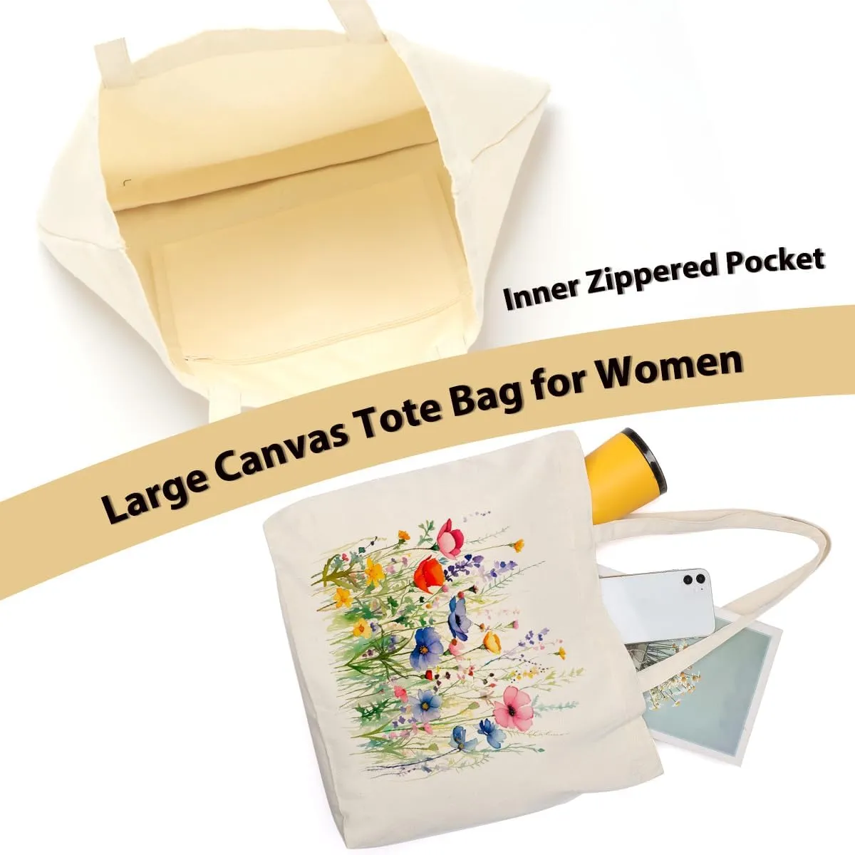 Aesthetic Floral Canvas Tote Bag for Women with Pocket, Tote Bags for Grocery Shopping Work Gym Christmas Birthday