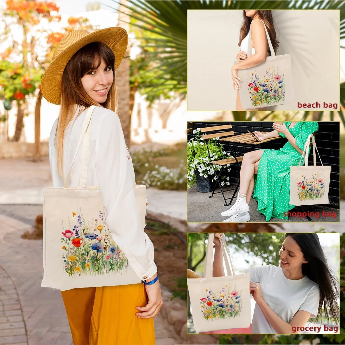 Aesthetic Floral Canvas Tote Bag for Women with Pocket, Tote Bags for Grocery Shopping Work Gym Christmas Birthday