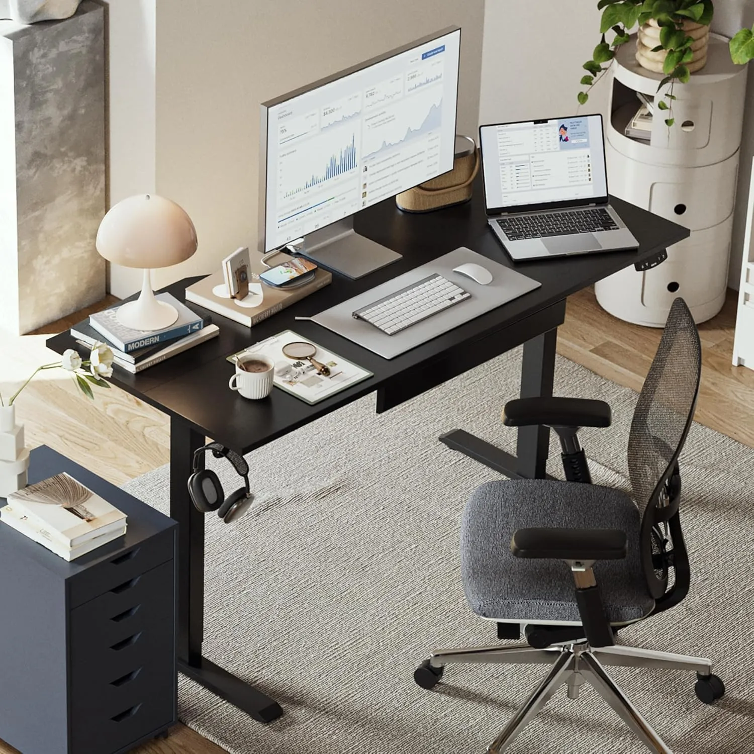 Agilestic Electric Standing Desk with Integrated Drawer, Height Adjustable Desk, Ergonomic Rising 48"x24" Wooden Desk, Sit-Stand Workstation with Memory Presets for Work Home Office, Black