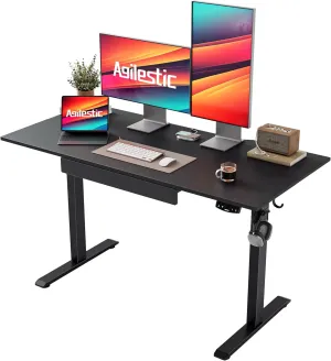 Agilestic Electric Standing Desk with Integrated Drawer, Height Adjustable Desk, Ergonomic Rising 48"x24" Wooden Desk, Sit-Stand Workstation with Memory Presets for Work Home Office, Black