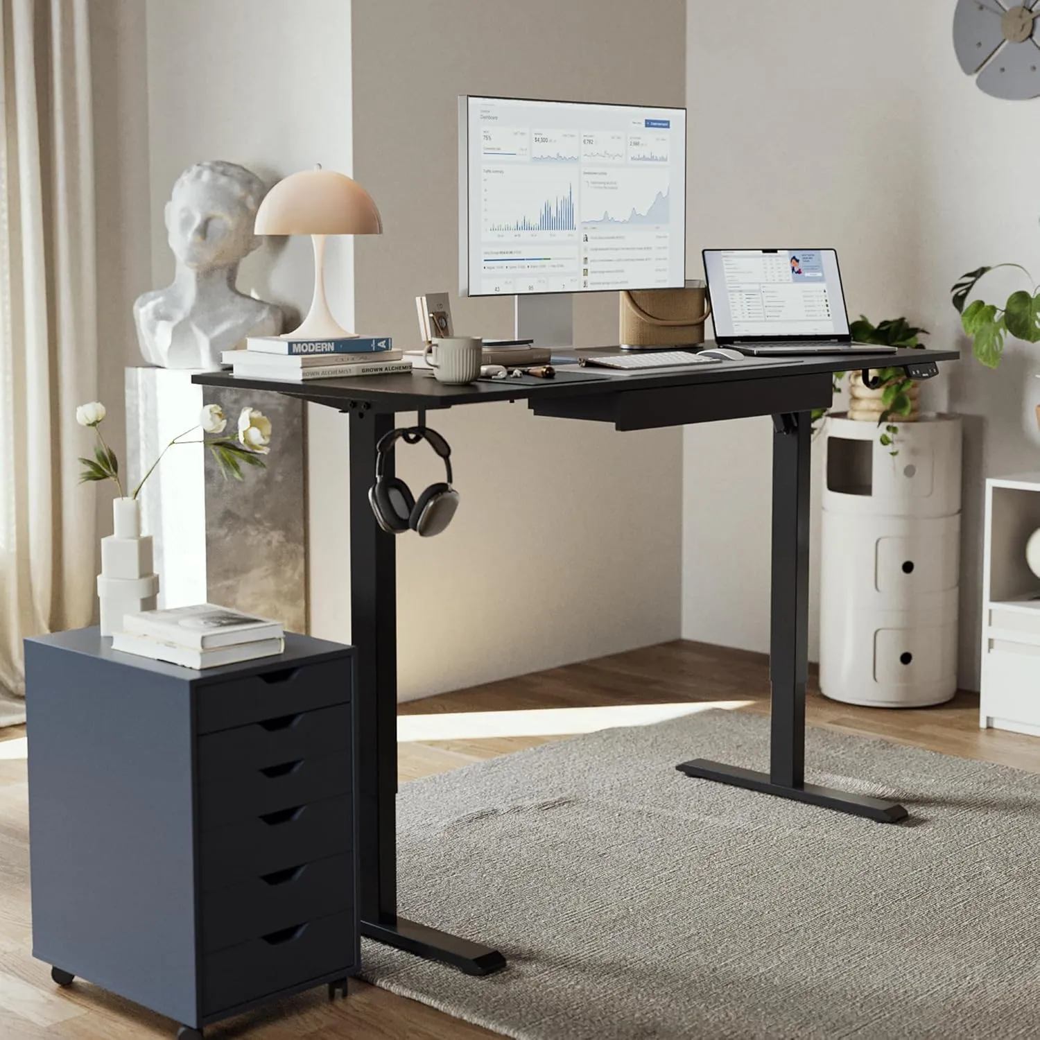 Agilestic Electric Standing Desk with Integrated Drawer, Height Adjustable Desk, Ergonomic Rising 48"x24" Wooden Desk, Sit-Stand Workstation with Memory Presets for Work Home Office, Black