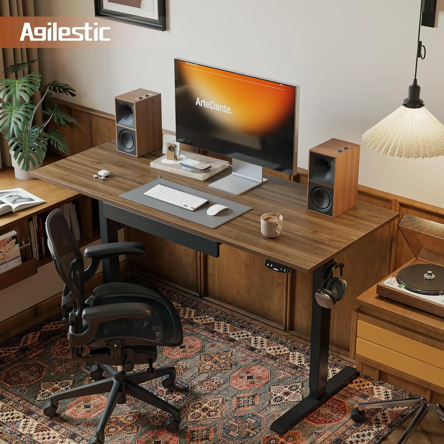 Agilestic Electric Standing Desk with Integrated Drawer, Height Adjustable Desk, Ergonomic Rising 48"x24" Wooden Desk, Sit-Stand Workstation with Memory Presets for Work Home Office, Walnut