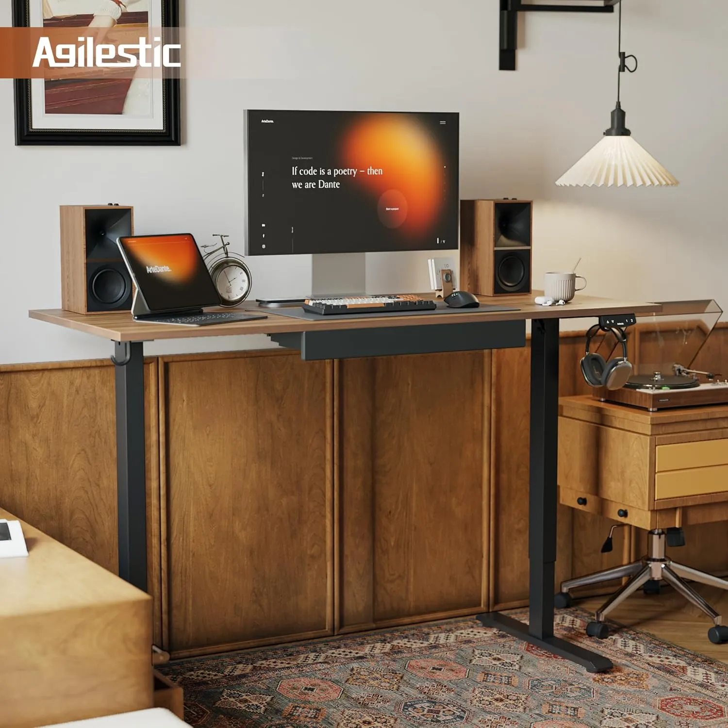 Agilestic Electric Standing Desk with Integrated Drawer, Height Adjustable Desk, Ergonomic Rising 48"x24" Wooden Desk, Sit-Stand Workstation with Memory Presets for Work Home Office, Walnut