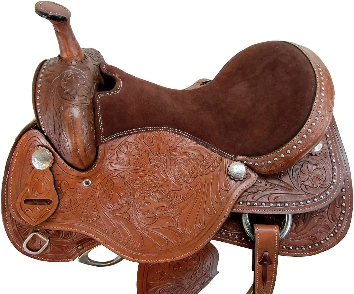 All Natural Western Leather Horse Saddle Comfy Seat Leather Flex Tree Trail & Pleasure Racing Hand Tooled Premium American Saddle Horse Work in Size 10" to 18" inches Seat Available