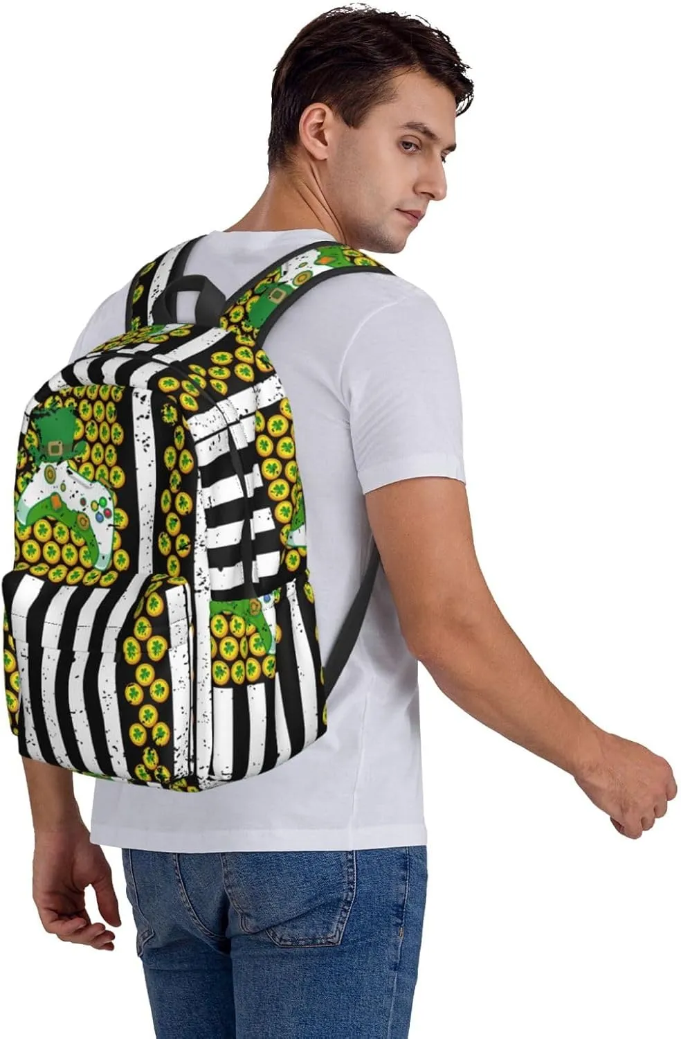 American Flag Shamrocks St.Patrick's Day Games Controller Backpack Casual Laptop Backpack Large Capacity Double Shoulder Bag Travel Daypack For Women Men