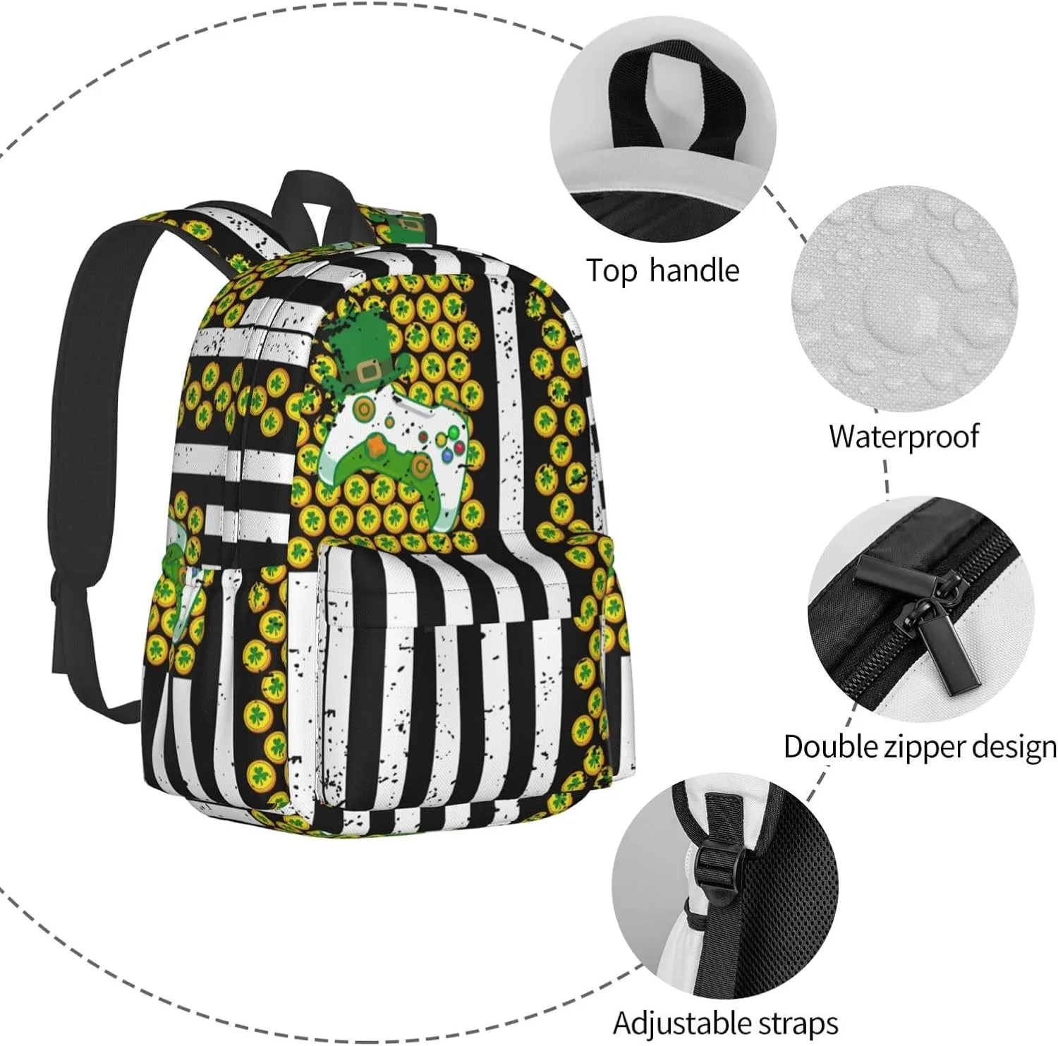 American Flag Shamrocks St.Patrick's Day Games Controller Backpack Casual Laptop Backpack Large Capacity Double Shoulder Bag Travel Daypack For Women Men