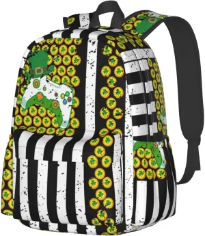 American Flag Shamrocks St.Patrick's Day Games Controller Backpack Casual Laptop Backpack Large Capacity Double Shoulder Bag Travel Daypack For Women Men