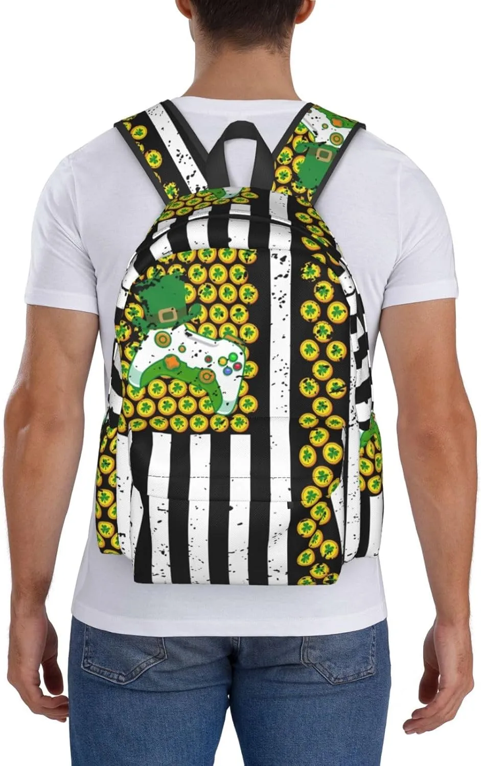 American Flag Shamrocks St.Patrick's Day Games Controller Backpack Casual Laptop Backpack Large Capacity Double Shoulder Bag Travel Daypack For Women Men