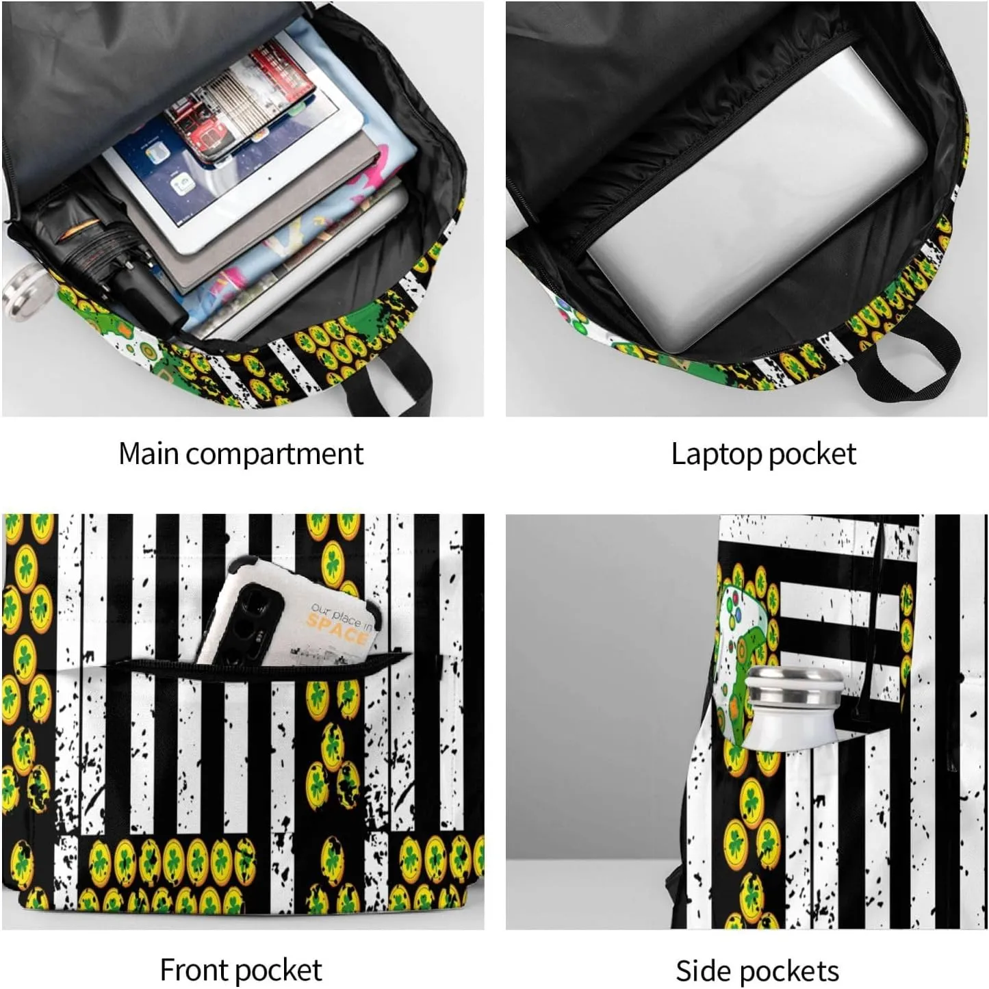American Flag Shamrocks St.Patrick's Day Games Controller Backpack Casual Laptop Backpack Large Capacity Double Shoulder Bag Travel Daypack For Women Men