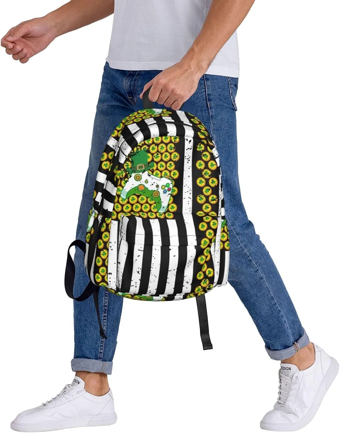 American Flag Shamrocks St.Patrick's Day Games Controller Backpack Casual Laptop Backpack Large Capacity Double Shoulder Bag Travel Daypack For Women Men