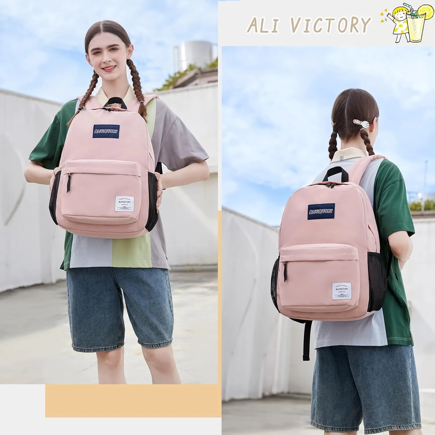 AO ALI VICTORY Backpack for Women Men 17 Inch Laptop Back Pack Large College Bookbag Kids Elementary Middle High School Bag for Girls Boys Teens Students Travel Work Backpacks Casual Daypack Pink