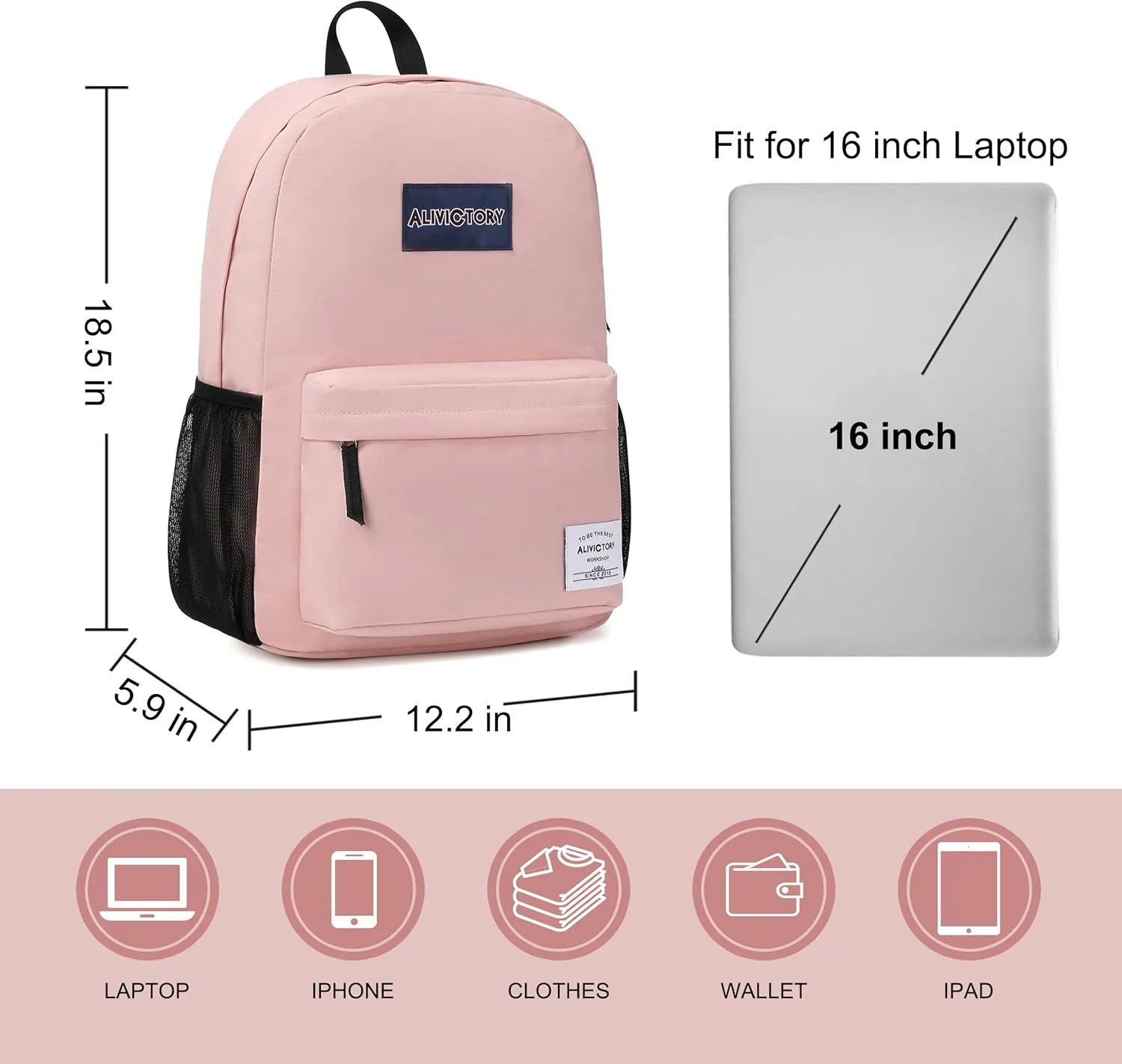 AO ALI VICTORY Backpack for Women Men 17 Inch Laptop Back Pack Large College Bookbag Kids Elementary Middle High School Bag for Girls Boys Teens Students Travel Work Backpacks Casual Daypack Pink