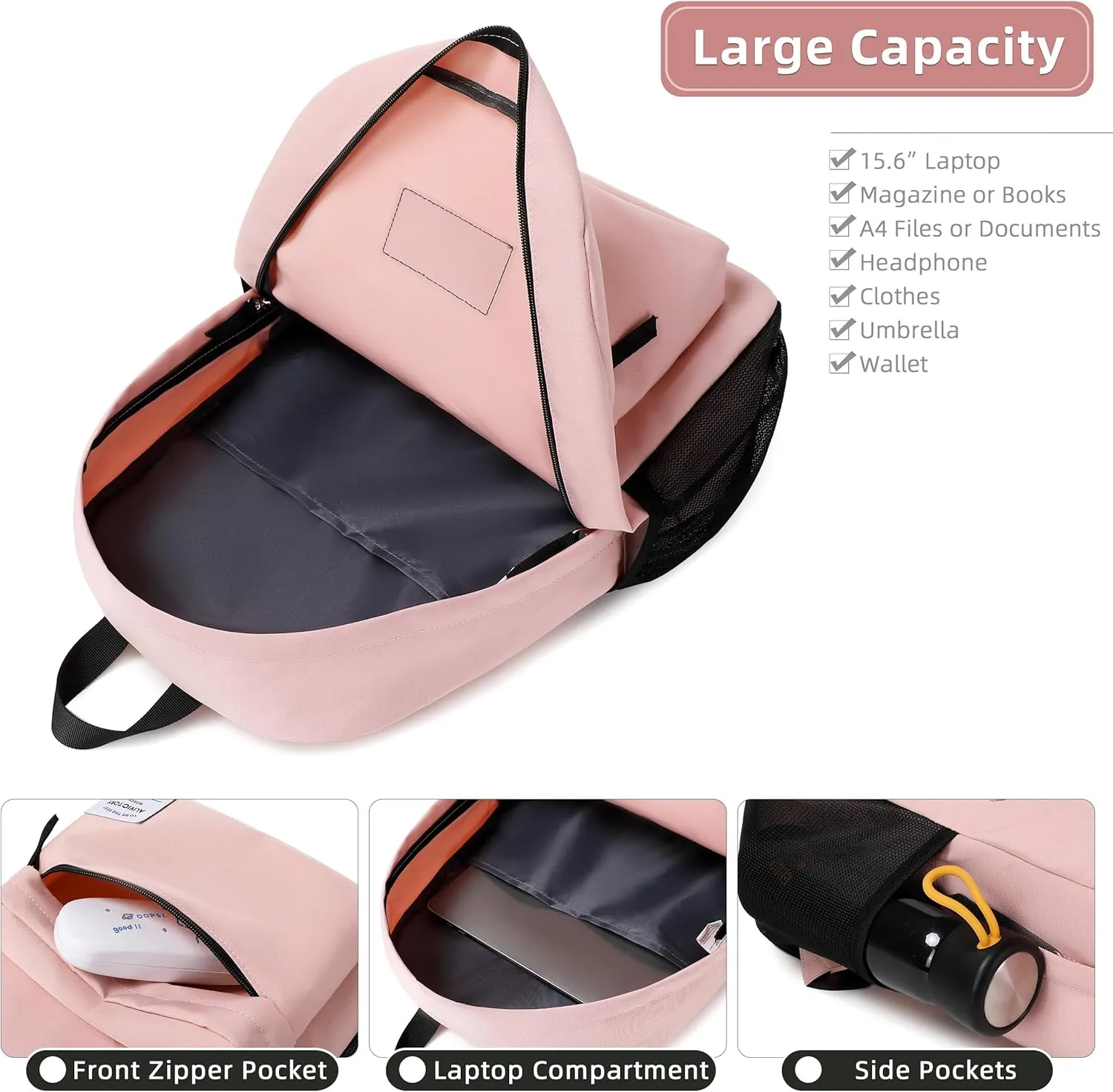 AO ALI VICTORY Backpack for Women Men 17 Inch Laptop Back Pack Large College Bookbag Kids Elementary Middle High School Bag for Girls Boys Teens Students Travel Work Backpacks Casual Daypack Pink