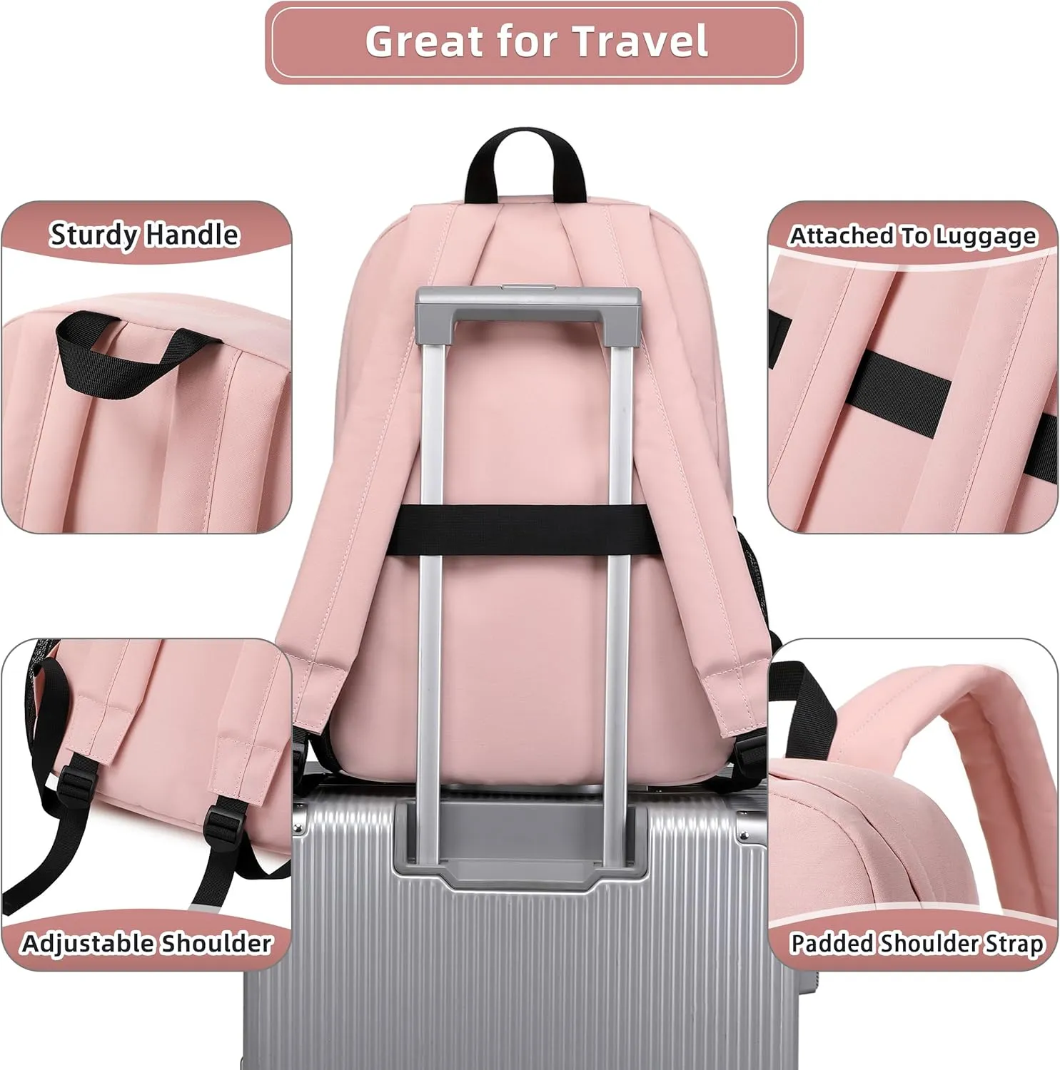 AO ALI VICTORY Backpack for Women Men 17 Inch Laptop Back Pack Large College Bookbag Kids Elementary Middle High School Bag for Girls Boys Teens Students Travel Work Backpacks Casual Daypack Pink