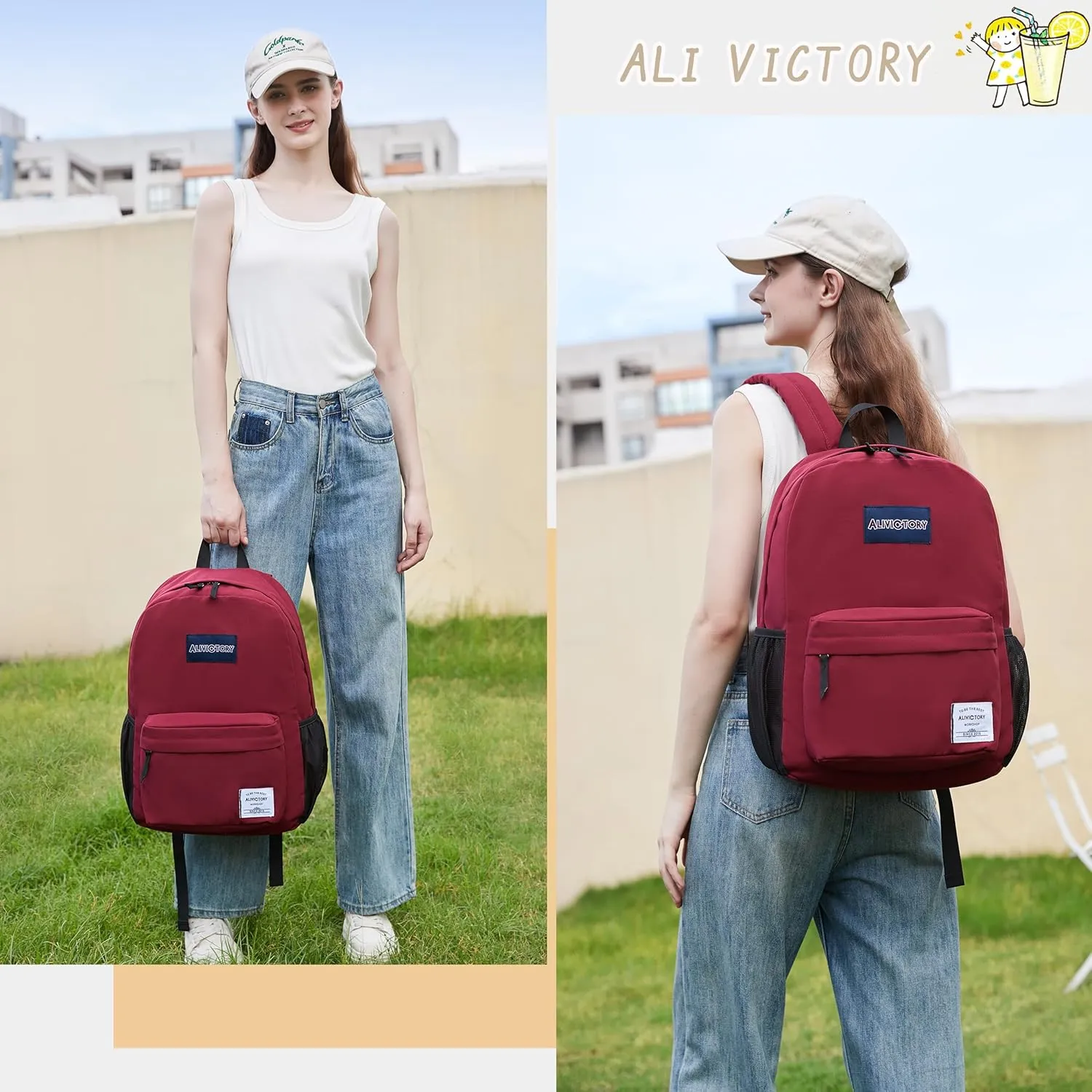 AO ALI VICTORY Backpack for Women Men 17 Inch Laptop Back Pack Large College Bookbag Kids Elementary Middle High School Bag for Girls Boys Teens Students Travel Work Backpacks Casual Daypack Red