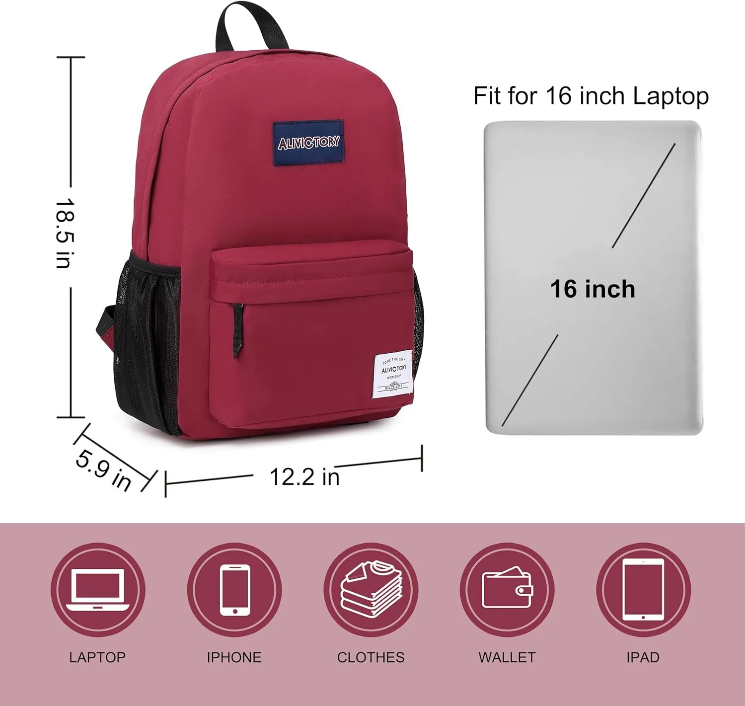 AO ALI VICTORY Backpack for Women Men 17 Inch Laptop Back Pack Large College Bookbag Kids Elementary Middle High School Bag for Girls Boys Teens Students Travel Work Backpacks Casual Daypack Red