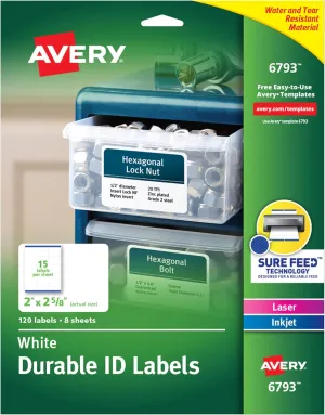 Avery® Durable Easy Peel® ID Labels With Sure Feed® Technology, 6793, Rectangle, 2" x 2-5/8", White, Pack Of 120