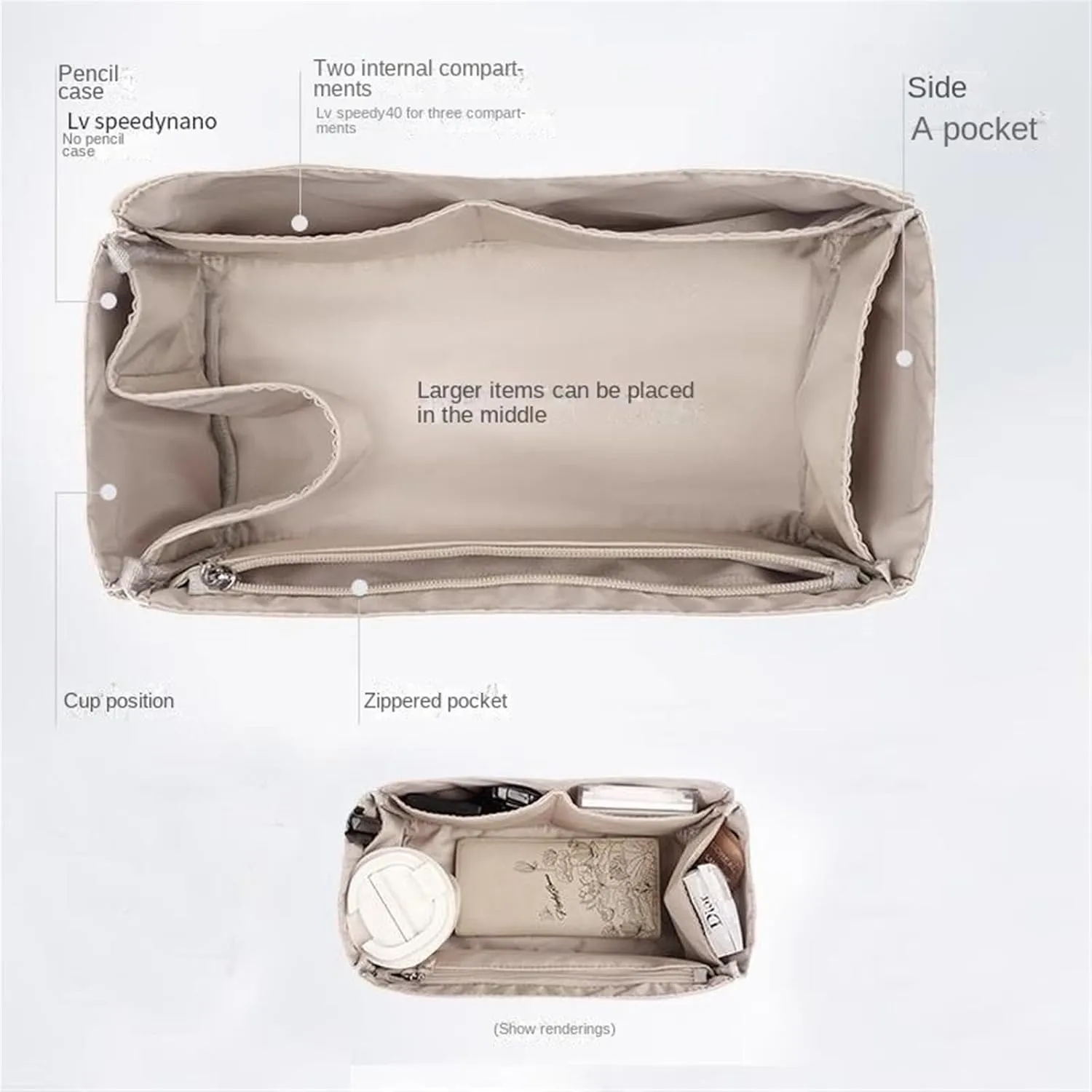 Bag organizer suitable for Lv speedy nylon storage liner bag handbag organizer plug-in wallet lining storage bag(Coffee a,Foe Lv speedy 30)