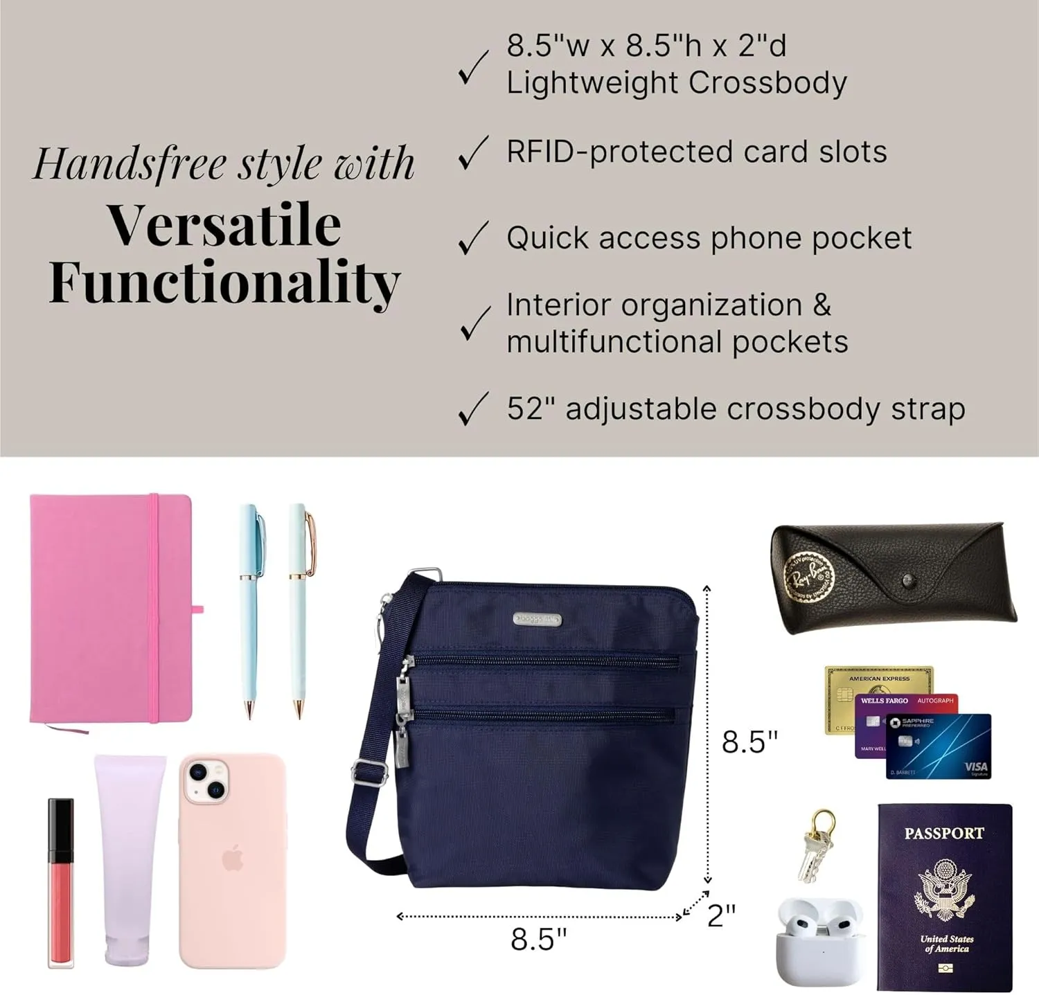 Baggallini Essential Crossbody Bags for Women 9x8 Organized Lightweight Washable Nylon Travel Handbag Purse w/RFID Protection