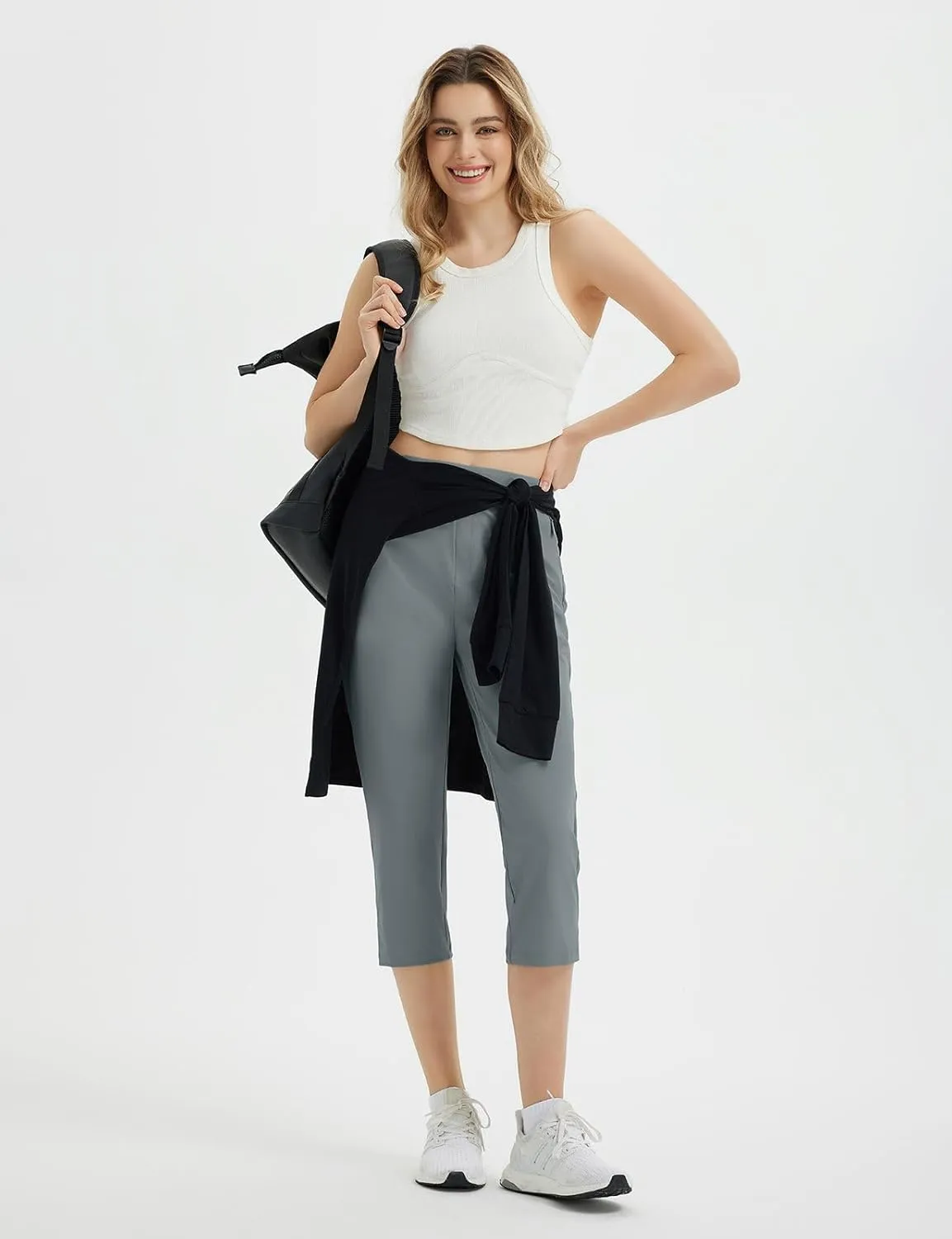 baleaf 20'' Women Capris with Pockets Stretch Golf Work Dress Cropped Pants Straight Leg High Waisted Pull On Summer