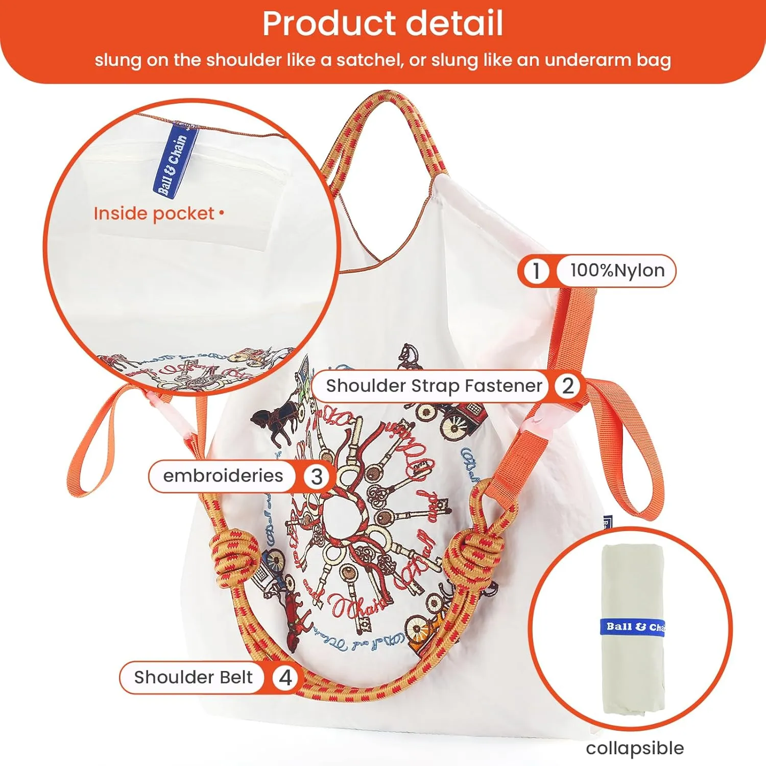 Ball&Chain Carriage Pattern Embroidery Nylon Tote Bag for Women, Travel Shoulder Bag Top Handle HandBags for Work, Travel