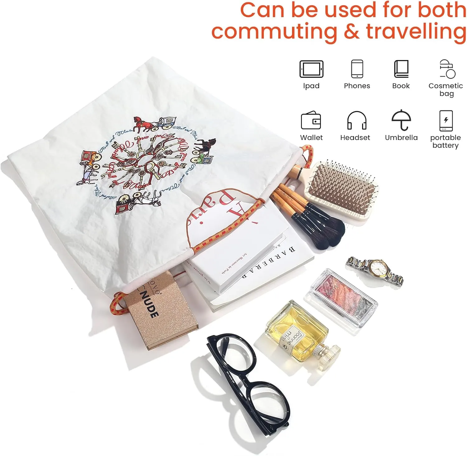 Ball&Chain Carriage Pattern Embroidery Nylon Tote Bag for Women, Travel Shoulder Bag Top Handle HandBags for Work, Travel