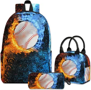 Baseball Printed Backpack Set, 3 Piece Backpack Set with Lunch Box Pen Box for Boys Girls, High Capacity Bookbag Lunch Bag Pencil Case for Men Women Workplace Travel