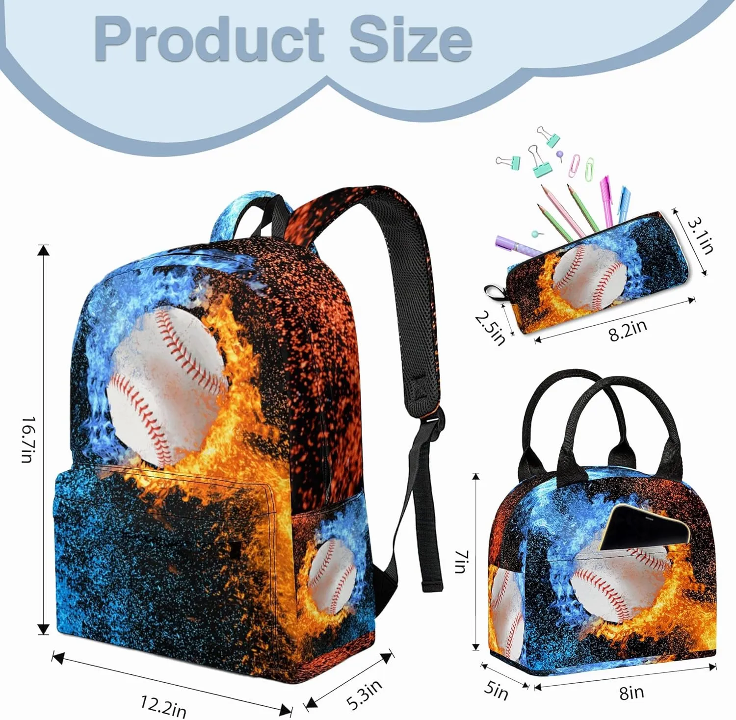 Baseball Printed Backpack Set, 3 Piece Backpack Set with Lunch Box Pen Box for Boys Girls, High Capacity Bookbag Lunch Bag Pencil Case for Men Women Workplace Travel