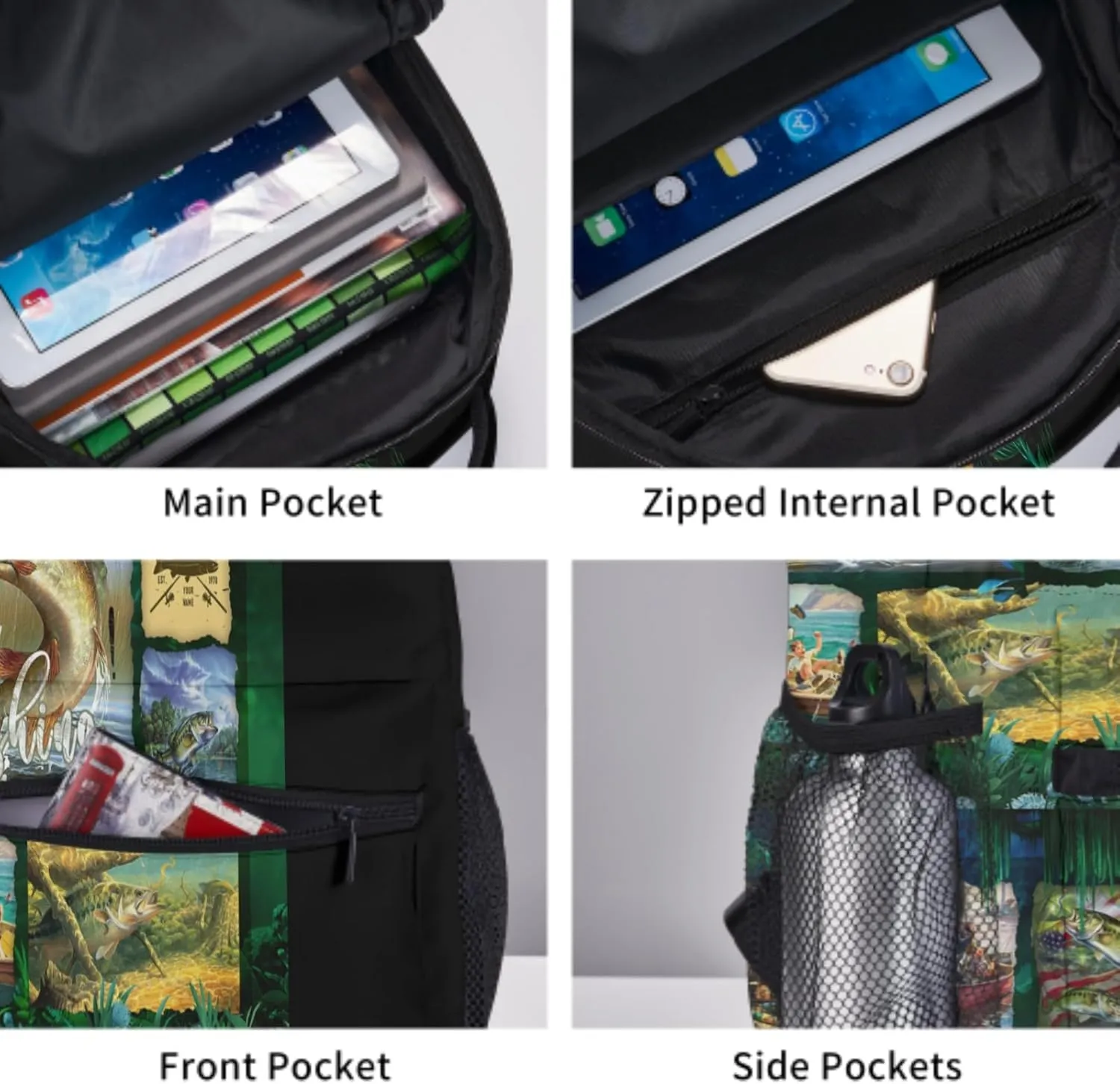 Bass Fishing Backpack School Bag Travel Daypack Rucksack for Students Gifts 16x11.4x6.9 inch