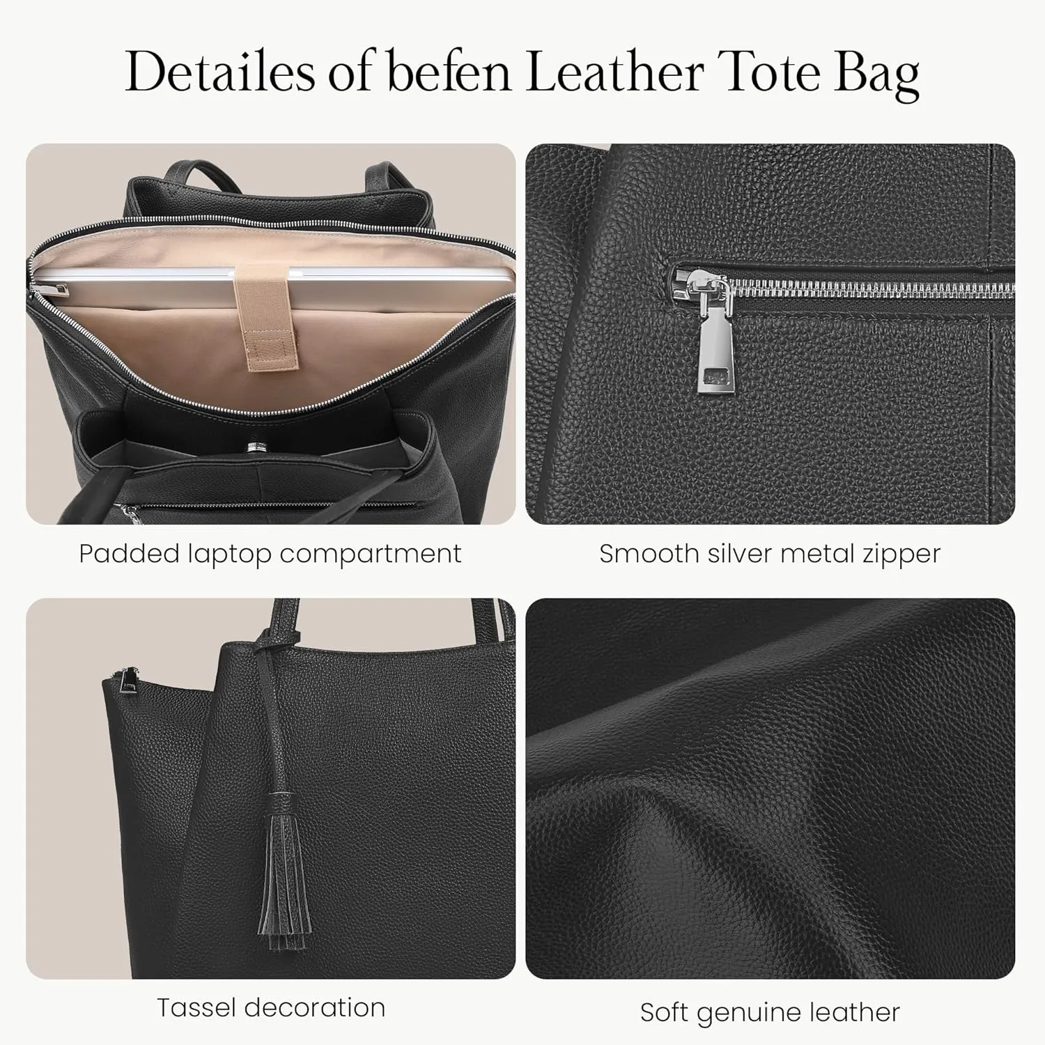befen Genuine Leather Tote Bag for Women Work, Womens Laptop Tote Bags Shoulder Purses Totes with Compartments Handbags