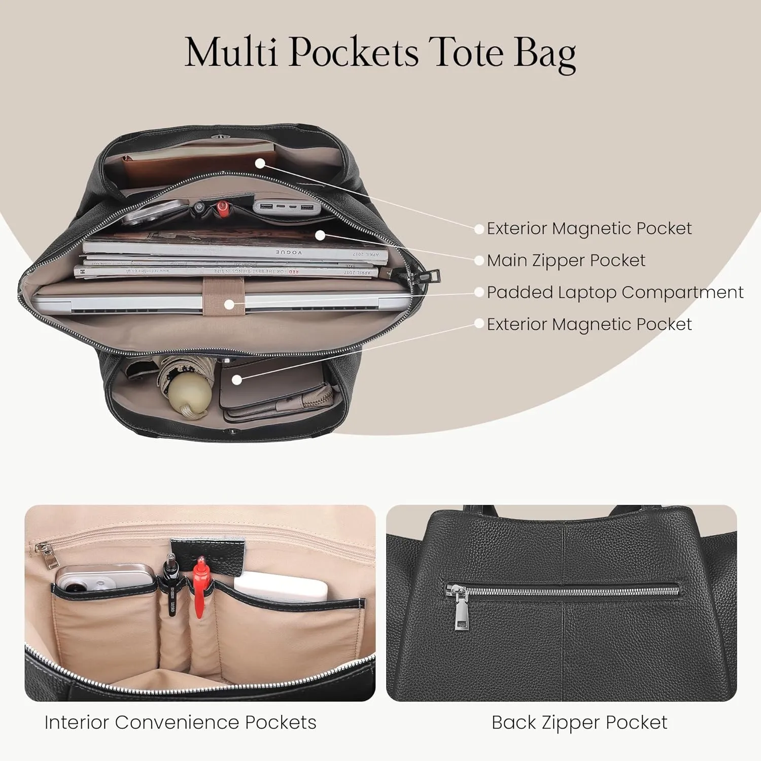 befen Genuine Leather Tote Bag for Women Work, Womens Laptop Tote Bags Shoulder Purses Totes with Compartments Handbags
