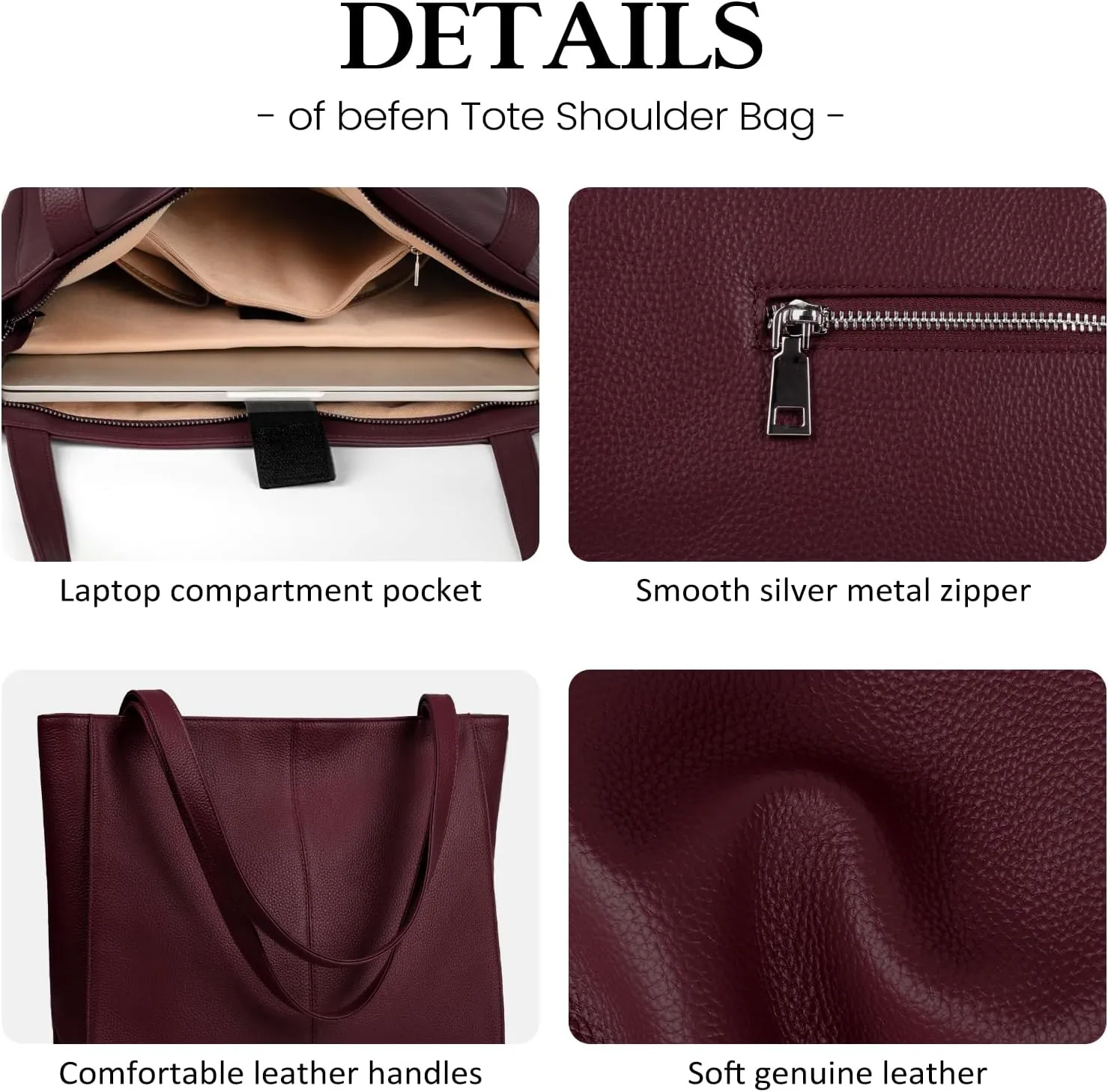befen Genuine Leather Tote Bag for Women Work, Women's Leather Shoulder Bags Purses Satchel Handbags with Laptop Compartment