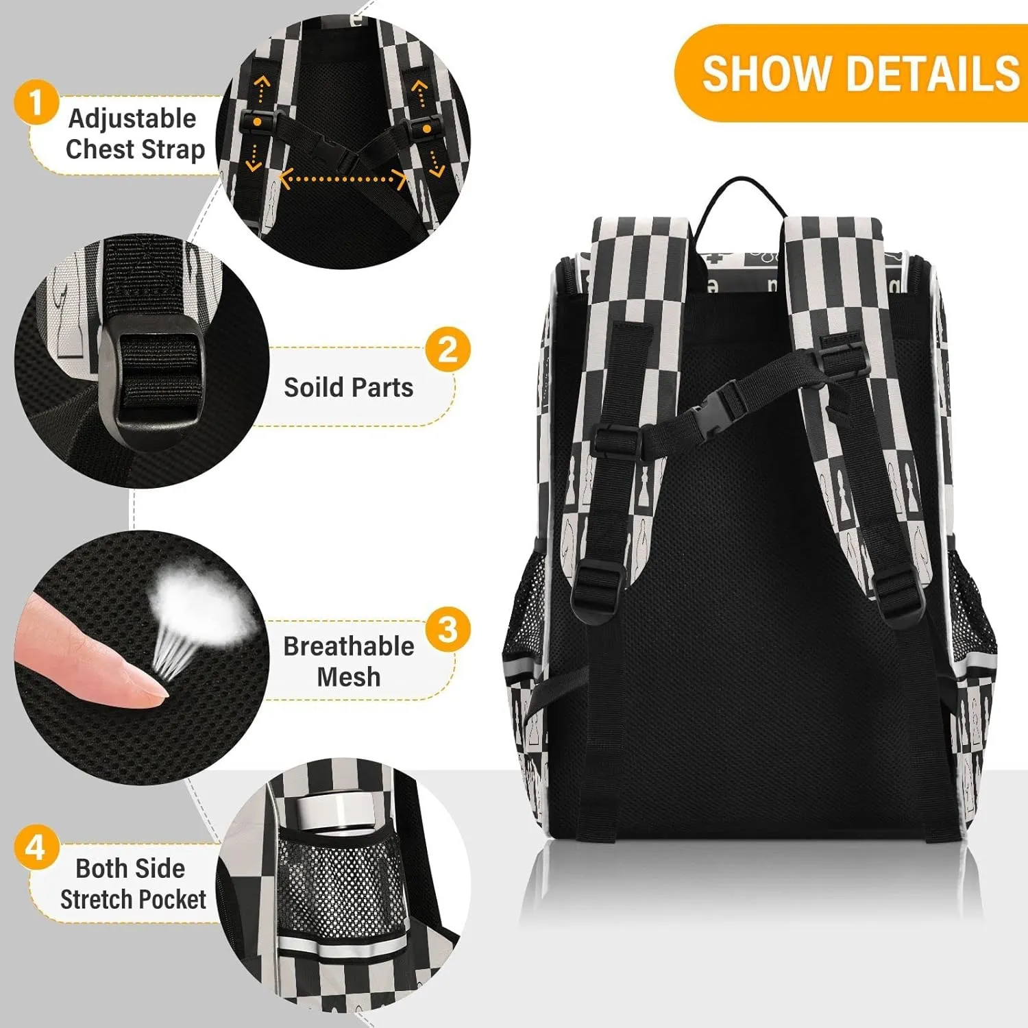 Black White Chess Board Large Backpacks, Chess Pieces Bookbag Lightweight Laptop Computer Bags Durable Travel Casual Daypacks for Teens Colloge Work Business Hiking 16 Inch