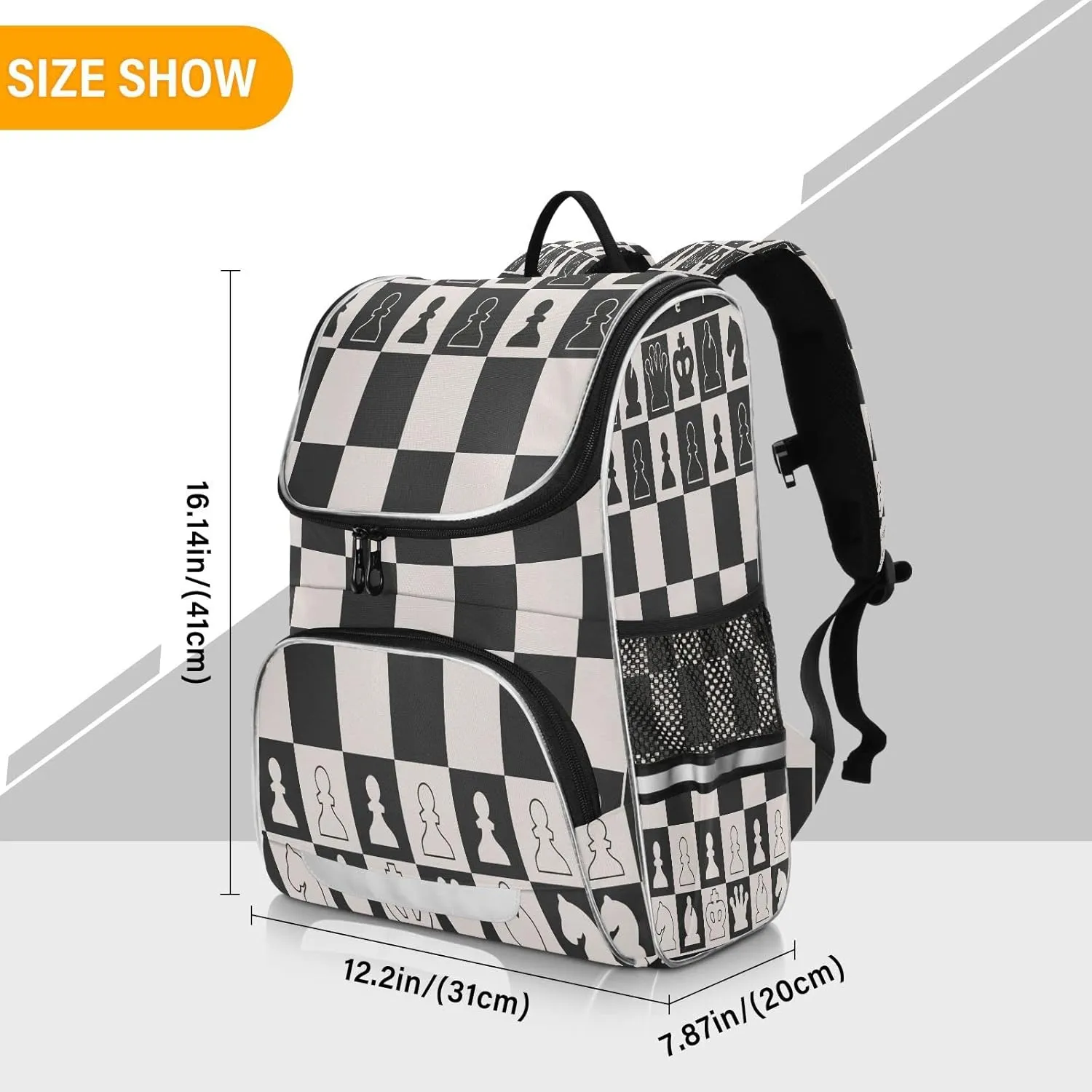 Black White Chess Board Large Backpacks, Chess Pieces Bookbag Lightweight Laptop Computer Bags Durable Travel Casual Daypacks for Teens Colloge Work Business Hiking 16 Inch