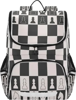 Black White Chess Board Large Backpacks, Chess Pieces Bookbag Lightweight Laptop Computer Bags Durable Travel Casual Daypacks for Teens Colloge Work Business Hiking 16 Inch
