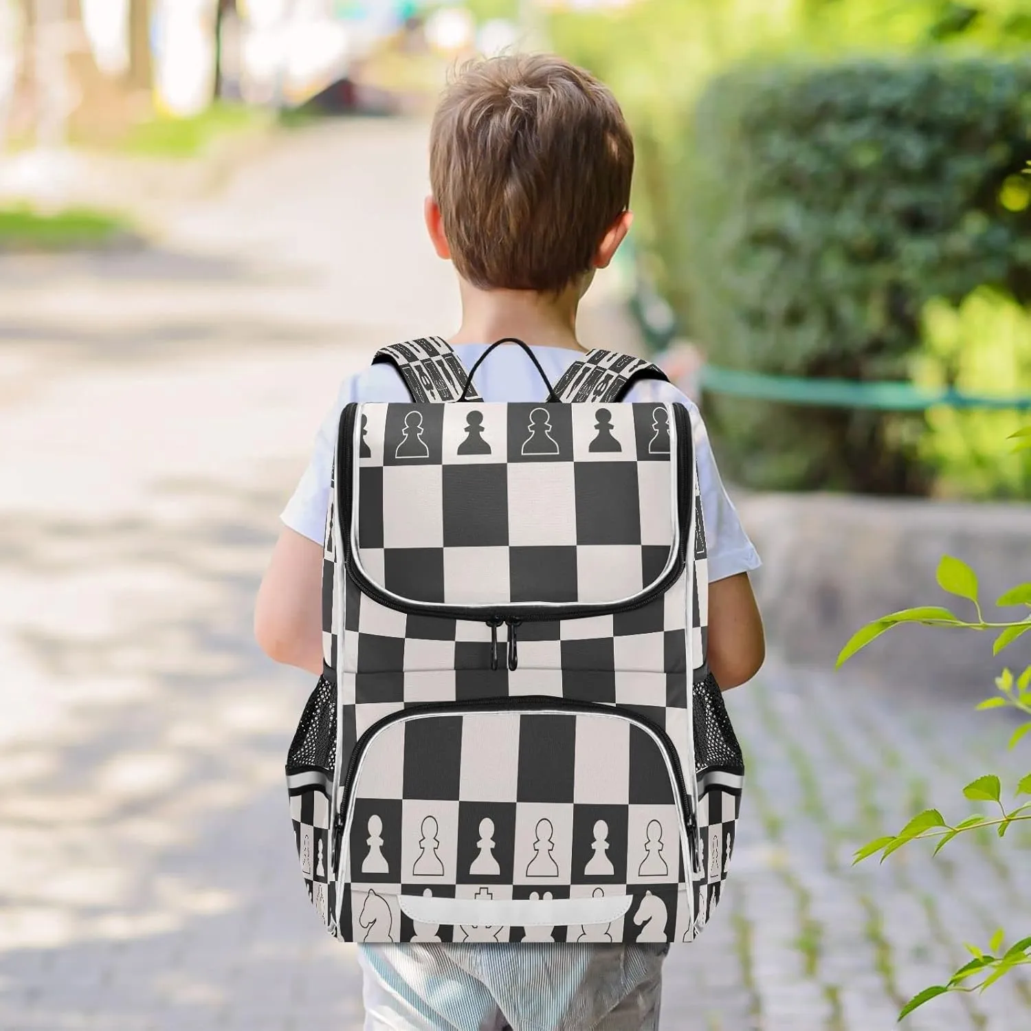 Black White Chess Board Large Backpacks, Chess Pieces Bookbag Lightweight Laptop Computer Bags Durable Travel Casual Daypacks for Teens Colloge Work Business Hiking 16 Inch