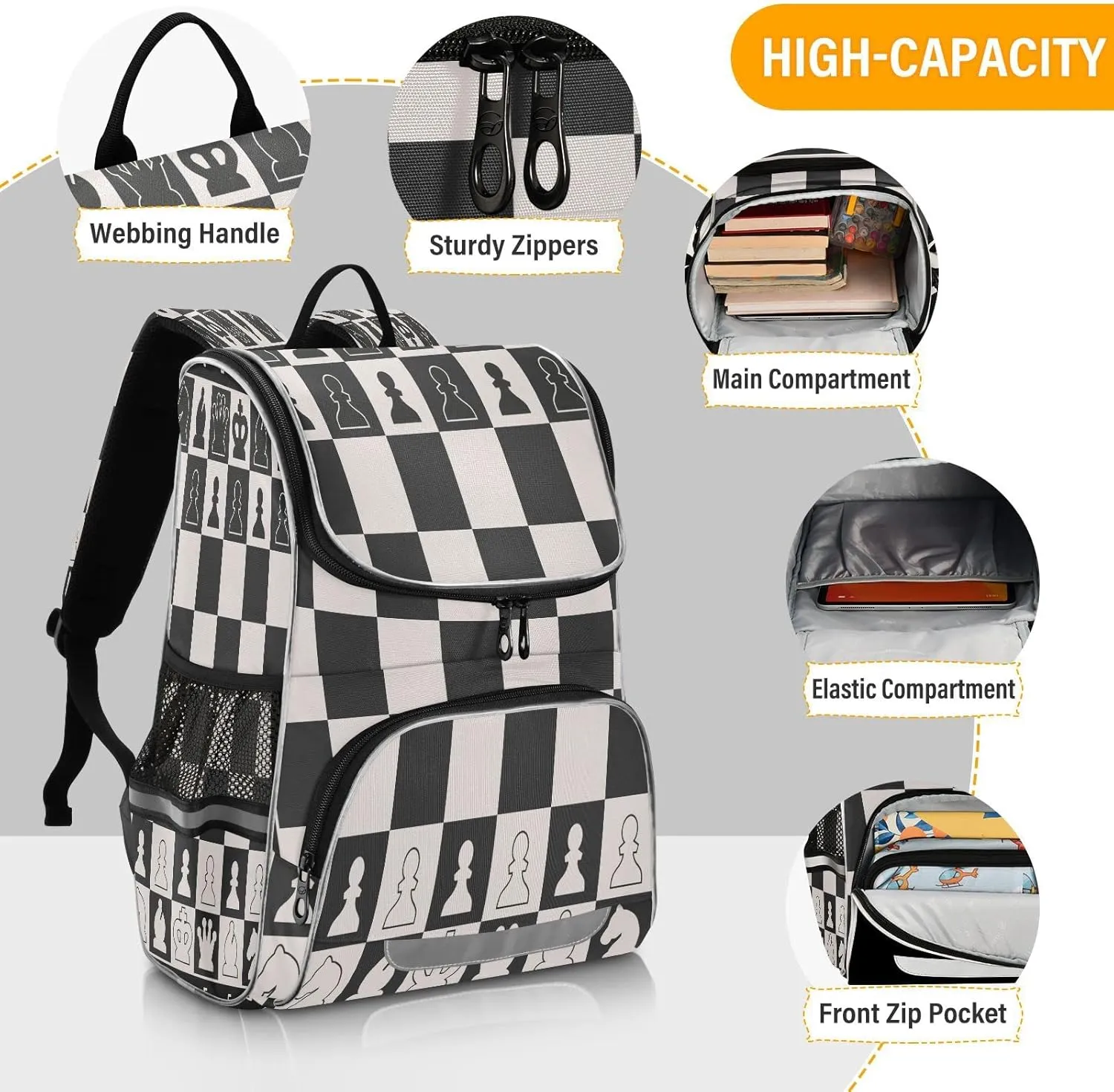 Black White Chess Board Large Backpacks, Chess Pieces Bookbag Lightweight Laptop Computer Bags Durable Travel Casual Daypacks for Teens Colloge Work Business Hiking 16 Inch