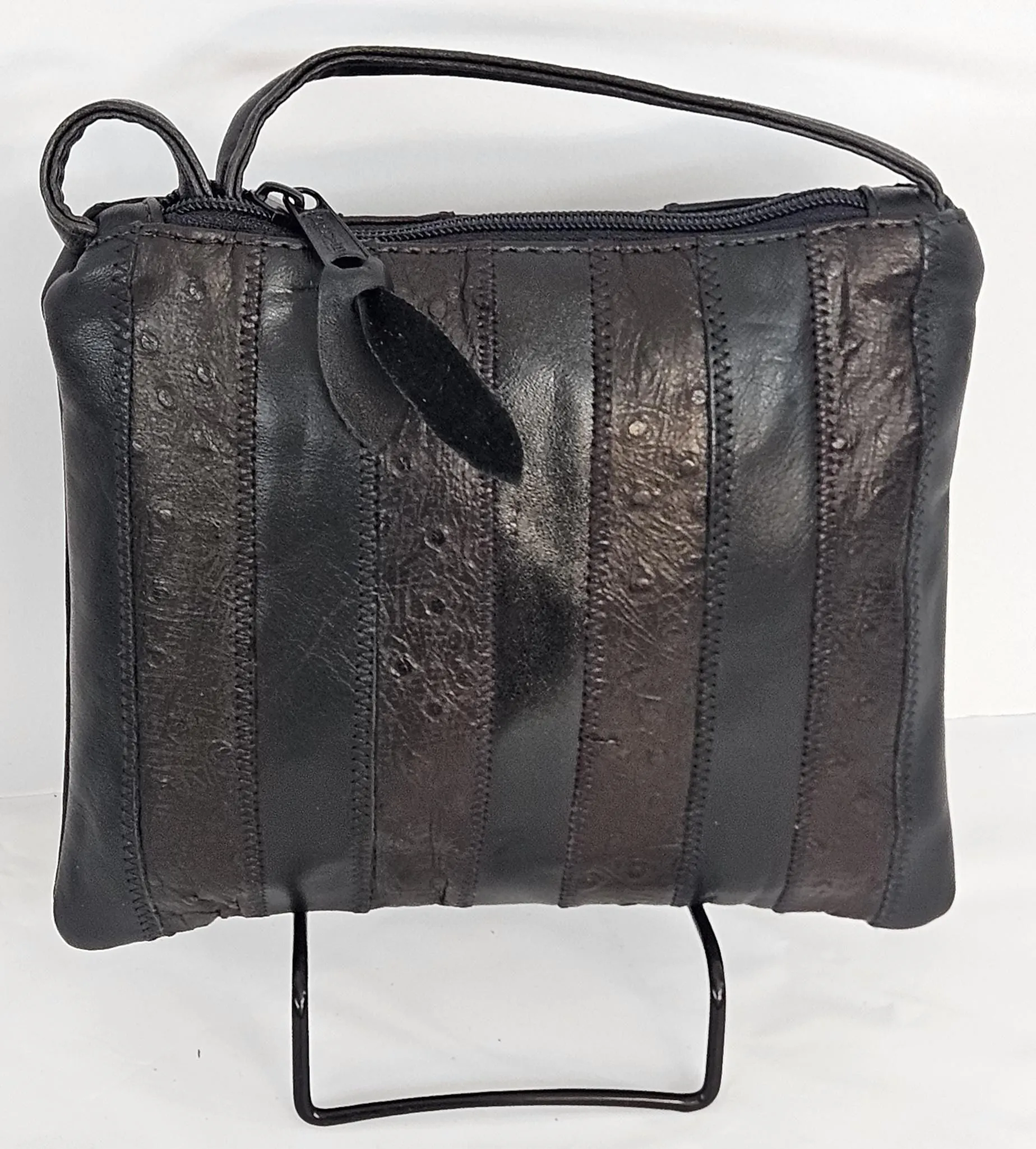 Black with brown Ostrich print Zigzag stich Crossbody Handbag #TR3302bbop-ZA, Purses,Universal Use Genuine Leather.   Made in USA.