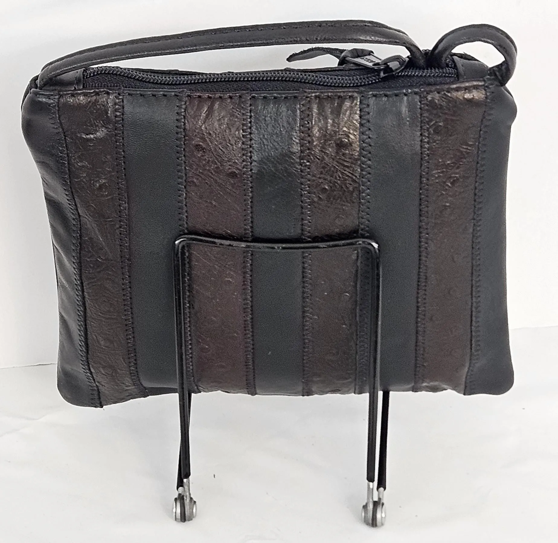 Black with brown Ostrich print Zigzag stich Crossbody Handbag #TR3302bbop-ZA, Purses,Universal Use Genuine Leather.   Made in USA.