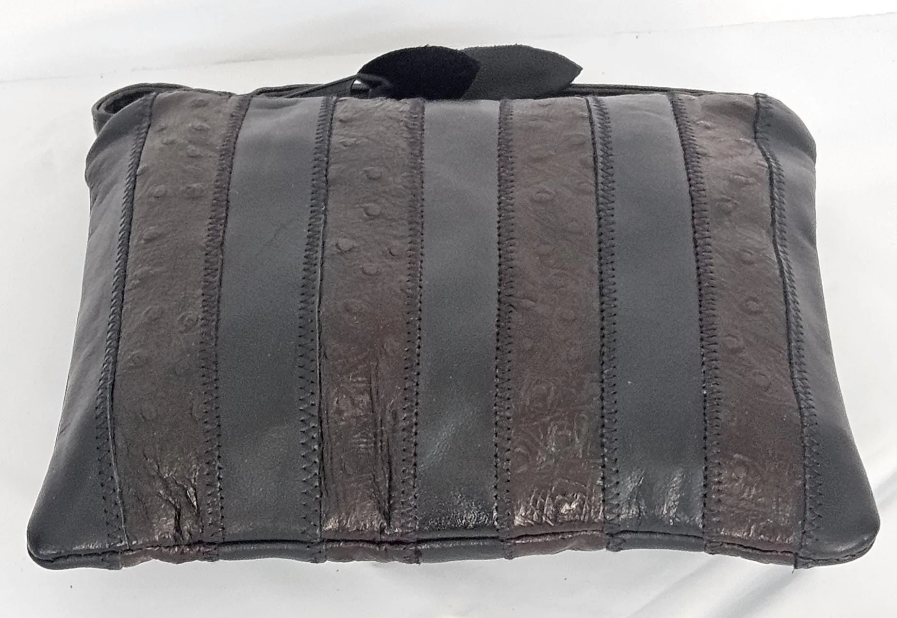 Black with brown Ostrich print Zigzag stich Crossbody Handbag #TR3302bbop-ZA, Purses,Universal Use Genuine Leather.   Made in USA.