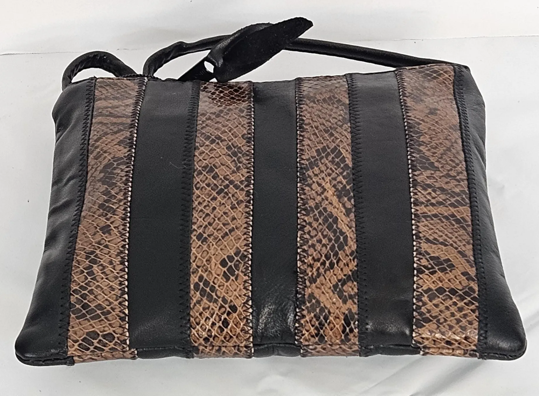 Black with brown Snake print Zigzag stich Crossbody Handbag #TR3302bbsp-ZA, Purses,Universal Use Genuine Leather.   Made in USA.