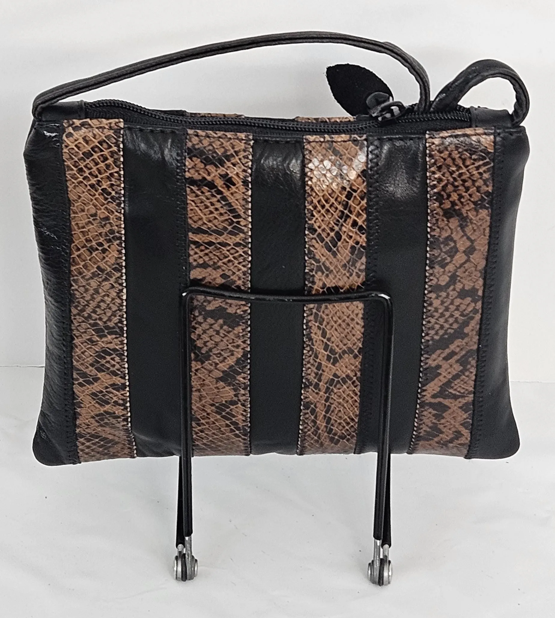 Black with brown Snake print Zigzag stich Crossbody Handbag #TR3302bbsp-ZA, Purses,Universal Use Genuine Leather.   Made in USA.